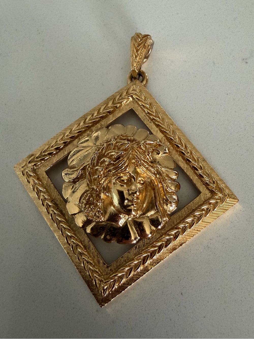 Vintage Monet Gold Medallion Pendant with Sculpted Female Motif - Women Jewelry